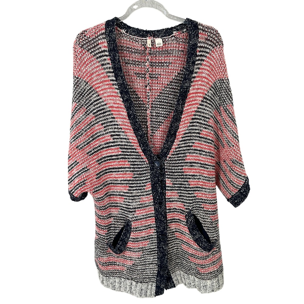 Moth Cardigan Women Large Pink Multi Cotton Blend Boho Oversized V-Neck Pocket